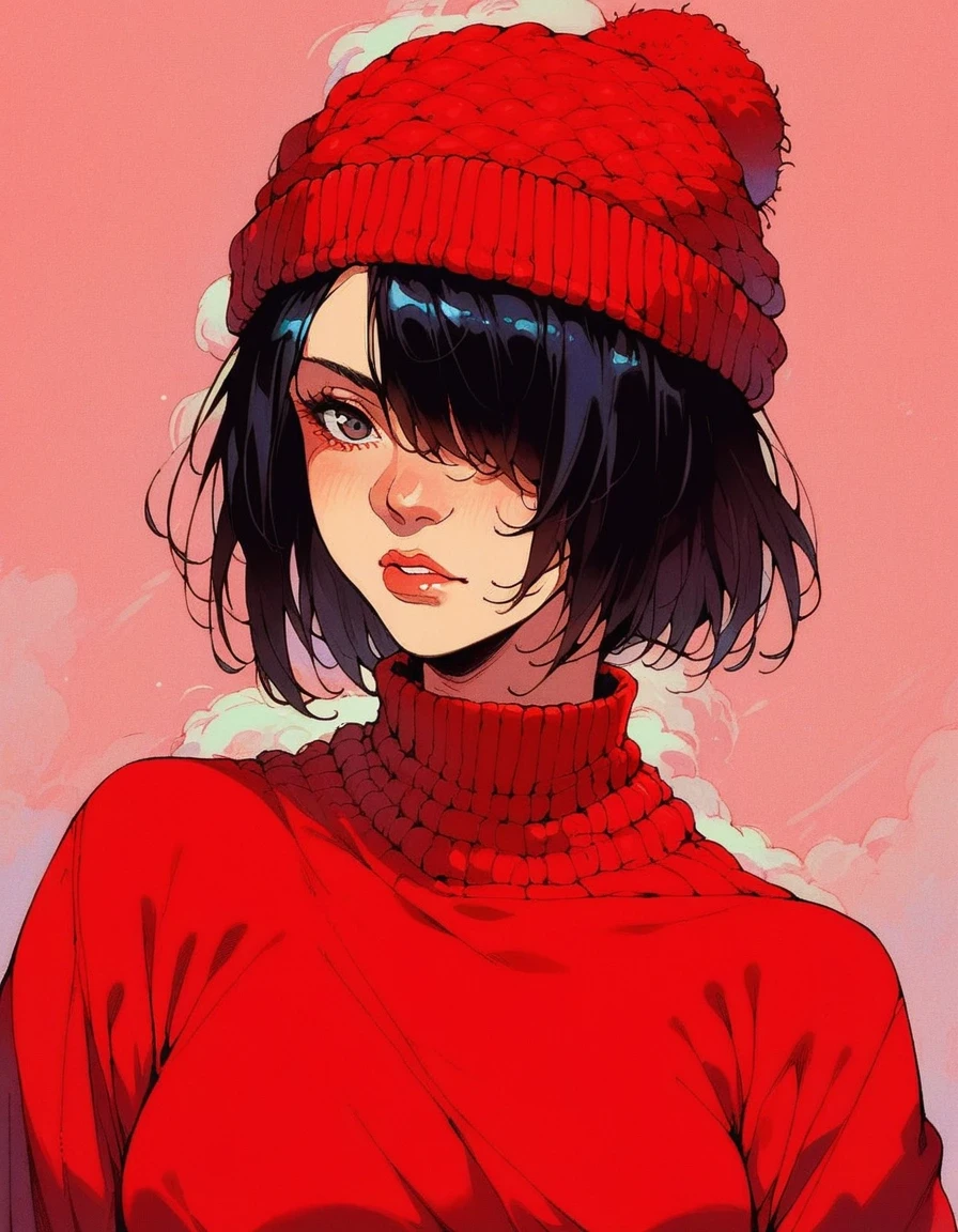 score_9, score_8_up, score_7_up, source_anime, knva, [halftone effect, retro artstyle:0.7], 1girl, solo, red sweater, black bob hair, hair covering one eye, red knitted hat,