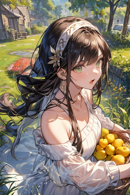 (small breasts:1.2), (perky chest:1.2), (pointed chest:1.2), (Pudding cake magazine cover:1.3),(from above:1.0),(from side:0.9),masterpiece, 1girl, Amazing Cleavage:1.1, thin waist, big ass, Raised sexy, posed cleavage:1.2,(perky chest:1.2), (pointed chest:1.2),(farmhouse entrance:1.0),(((brown Tunic:1.3))),(((lemons and stroberies in the basket),Cute and beautiful girl,Cute round face,Cute smile,Red Lip, looking at viewer, open mouth, have a cute glass of beergrass,black hair, dark green eyes, deep brown public party dress, bare shoulders,collarbone, sidelocks, hairband, earrings wih safia  jewelry, outdoors, darck coller off shoulder sweater dress, plant, short hair with long locks, gild hairband, off-shoulder dress, sweater dress, off-shoulder sweater, black sweater, dark gord hair, big side hair, very long side hair,is rendered in (masterpiece: 1.2, best quality), with (ultra high resolution) and an exquisite (depth of field). ,(Bangs are see-through bangs),hair pin,hair adornments,detailed clothes features,Detailed hair features,detailed facial features,(Dynamic angles),(Dynamic and sexy poses),clothes that emphasize big breasts,Cinematic Light,(masutepiece,top-quality,Ultra-high resolution) ,(The 8k quality,Anatomically accurate facial structure,),(Sea Art 2 Mode:1.3),(Image Mode Ultra HD,) 
