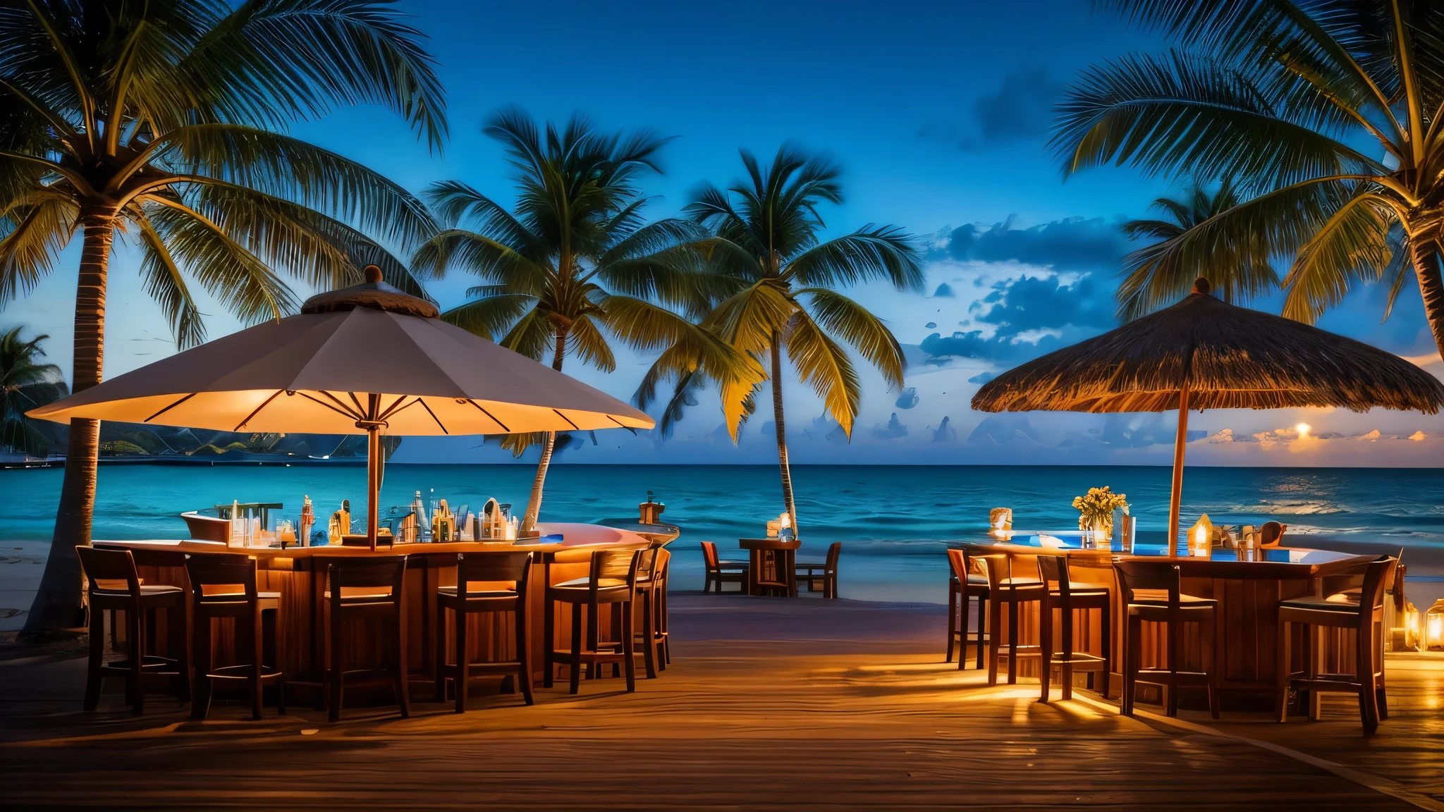 a picturesque ocean beach bar scene, a stunning coastal landscape with a beautiful beach, palm trees, and a stylish beach bar, highly detailed and realistic, photorealistic quality, warm colorful lighting, serene and tranquil atmosphere, 1 girl sitting at the bar, beautiful detailed eyes, detailed face and features, elegant cocktail dress, long hair, calm ocean waves in the background, sandy beach, wooden deck, tropical plants, outdoor seating, umbrellas, bar counter, bottles and glassware, masterpiece, ultra-detailed, hyper-realistic, cinematic lighting, vibrant colors