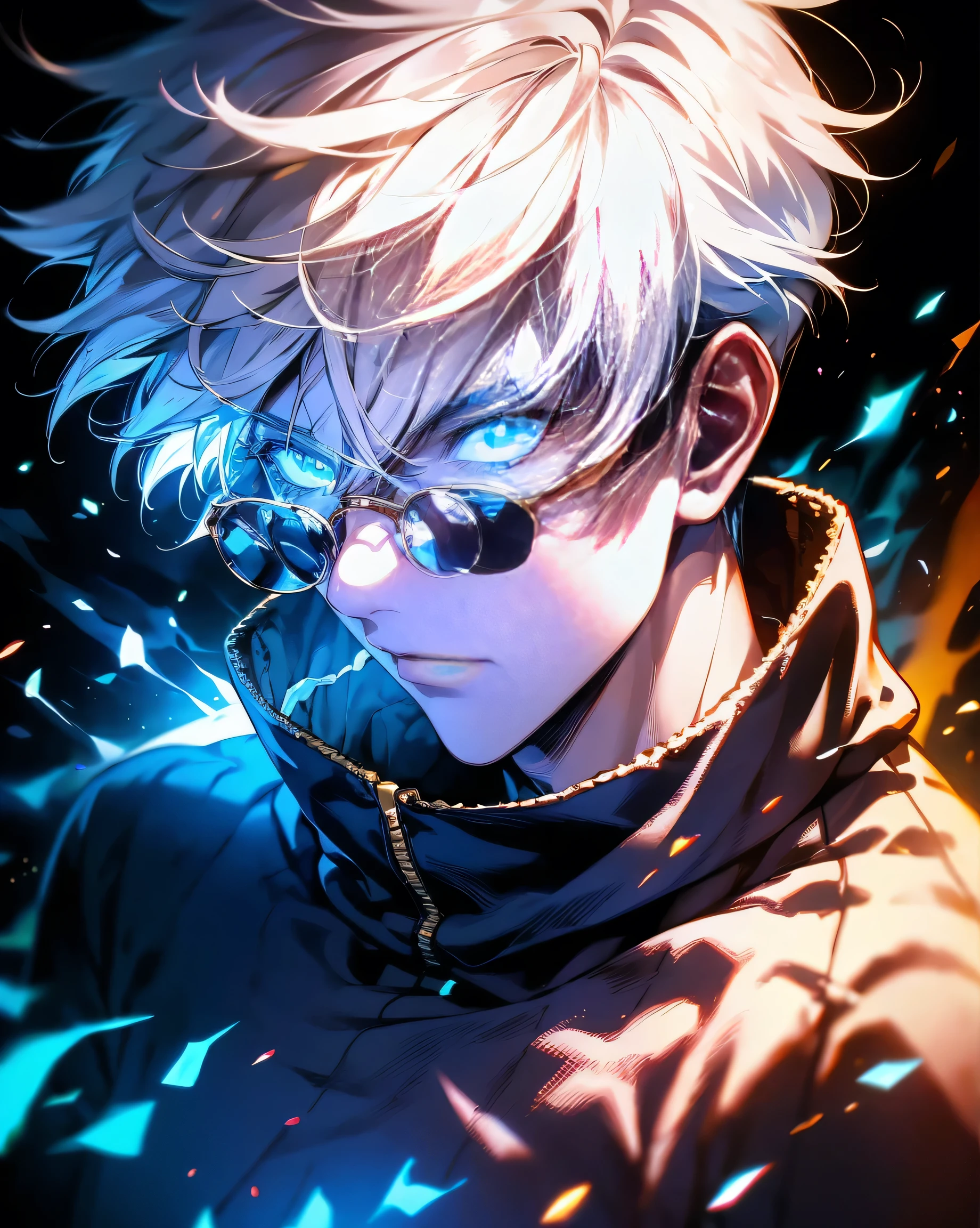 gojo satoru, snow white hairs glowing with a blue aura rays, with a sense of hollow around the character's body, blowng a cchewgum, in a relaxed stage, clarity, sense of enhancement, magnificent, perfect,