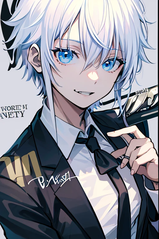 (masuter piece,Best Quality,Ultra-detailed), (A detailed face),Gojo Gojo, Solo, white hair, Blue Eyes, bangss, white shirt, Black tie,Black jacket, (in bad: 1.2), Looking at the viewer, (interview: 1.3), From above, sharp contrast, Beautiful detailed eyes, Close Up Shot,magazine title
