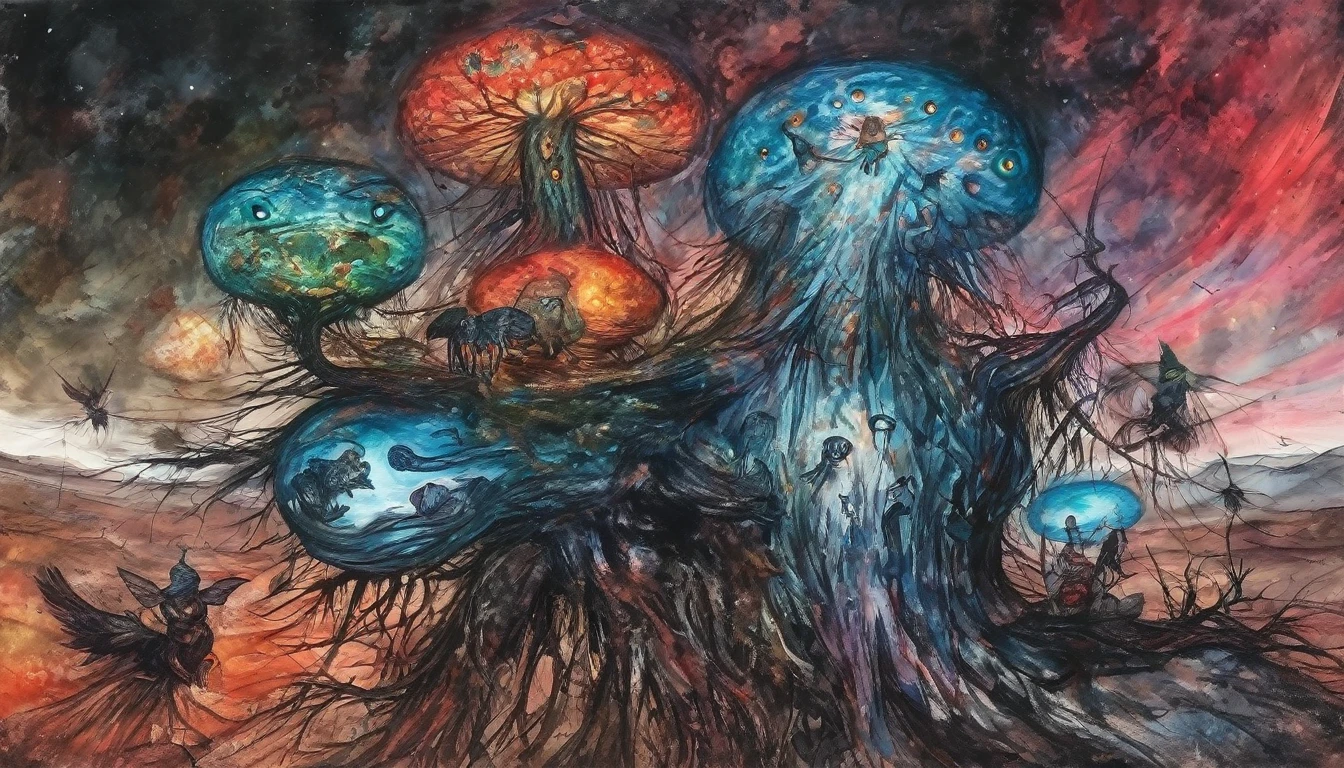 by amano yoshitaka,   famous artwork by (ralph blakelock:1.3) and (john constable:1.3) and (mark riddick:1.3) and (casey baugh:1.2), detailed expressive eyes, fantasy style, the impossible puddleberry is a fearsome desert dweller of planet niflhalla, camouflaged amidst the red dunes we see it surveying the surroundings with its intricate monkiflonged multifaceted eyes from atop a fuzzy glimmerglop, beware its poisonous glimmerglop