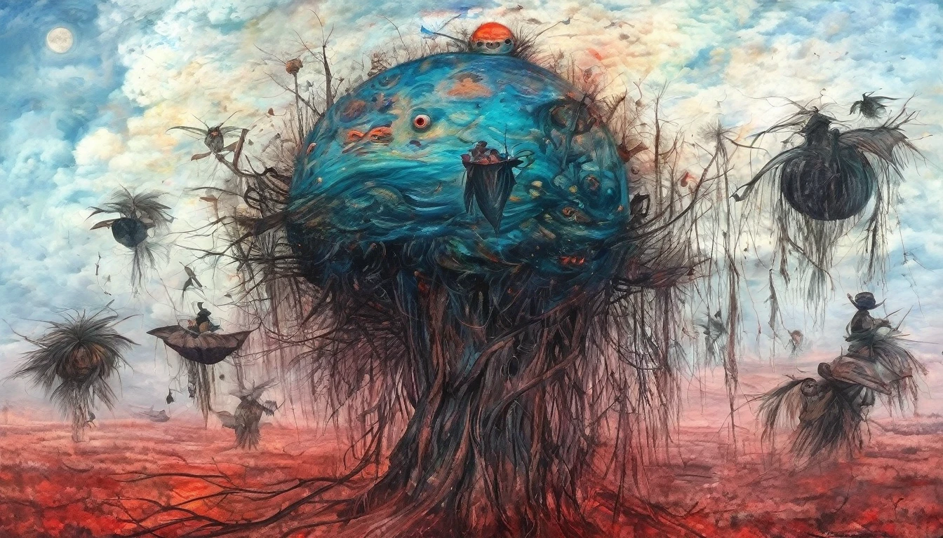 by amano yoshitaka, famous artwork by (ralph blakelock:1.3) and (john constable:1.3) and (mark riddick:1.3) and (casey baugh:1.2), detailed expressive eyes, fantasy style, the impossible puddleberry is a fearsome desert dweller of planet niflhalla, camouflaged amidst the red dunes we see it surveying the surroundings with its intricate monkiflonged multifaceted eyes from atop a fuzzy glimmerglop, beware its poisonous glimmerglop