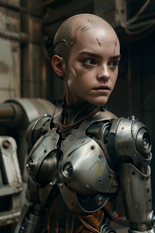 A bald cyborg Emma Watson, with loose wires, metallic skin, hoses, exposed torso, androidperson, mark brooks, david mann, robot brain, made of steel, hyperrealism, post-apocalyptic, mechanical parts, joints, mecha, j_sci-fi