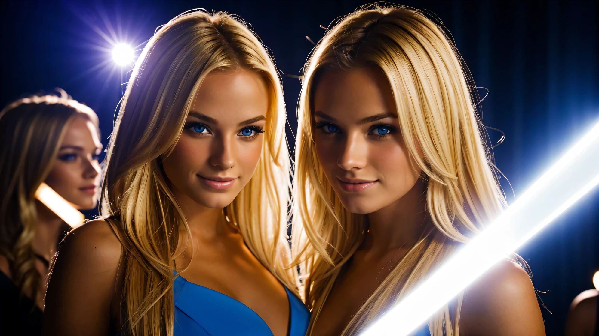 two beautiful blond model girls at a party with awesome light effects