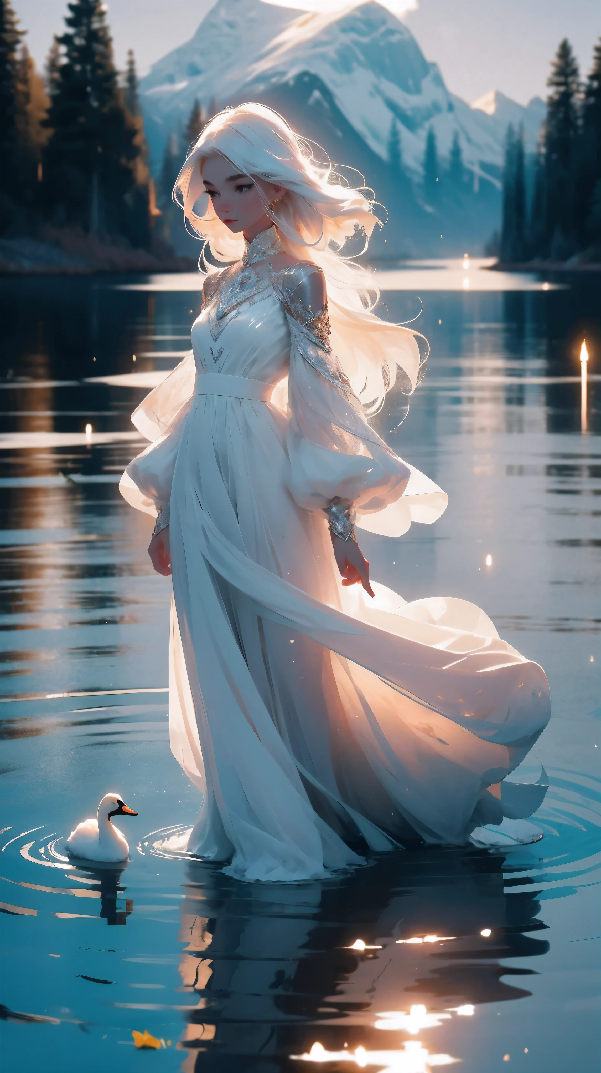 1girl, beautiful young girl, white long hair, white dress, white swan, swan, graceful, elegant, serene, tranquil, dark atmospehre, pond, evening, dark colors