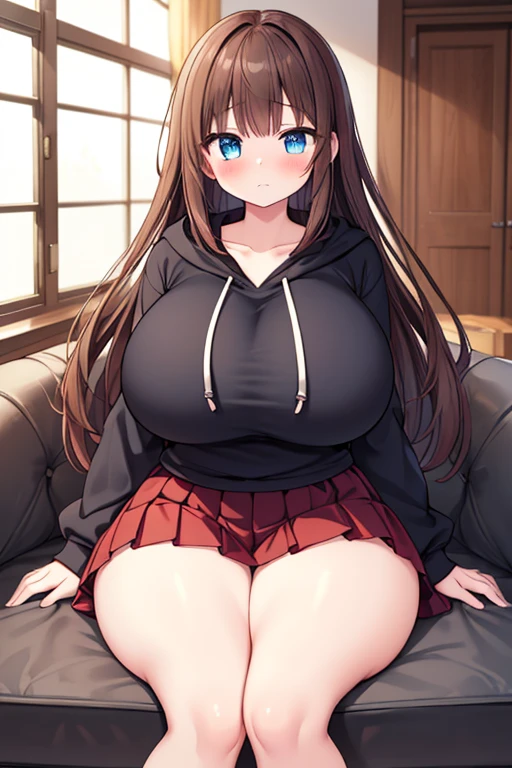 A Beautiful, Very Cute Girl, ((17 years-old)), with (Long Brown Hair), (Beautiful Blue Eyes), Huge Breasts, ((Thick Thighs, Gigantic Thighs, Extremely Oversized Thighs, Extra Enormous Thighs)), Extremely Plump, Curvy, Overwhelmingly Thick, Incredibly wide hips, Extremely Thick Figure. She’s wearing a Cute Black Hoodie, and a ((Short Red Pleated Skirt)). Sitting in a Modern House, with an embarrassed expression, she’s embarrassed because her skirt is a little too short, and her thighs are too overly Huge.