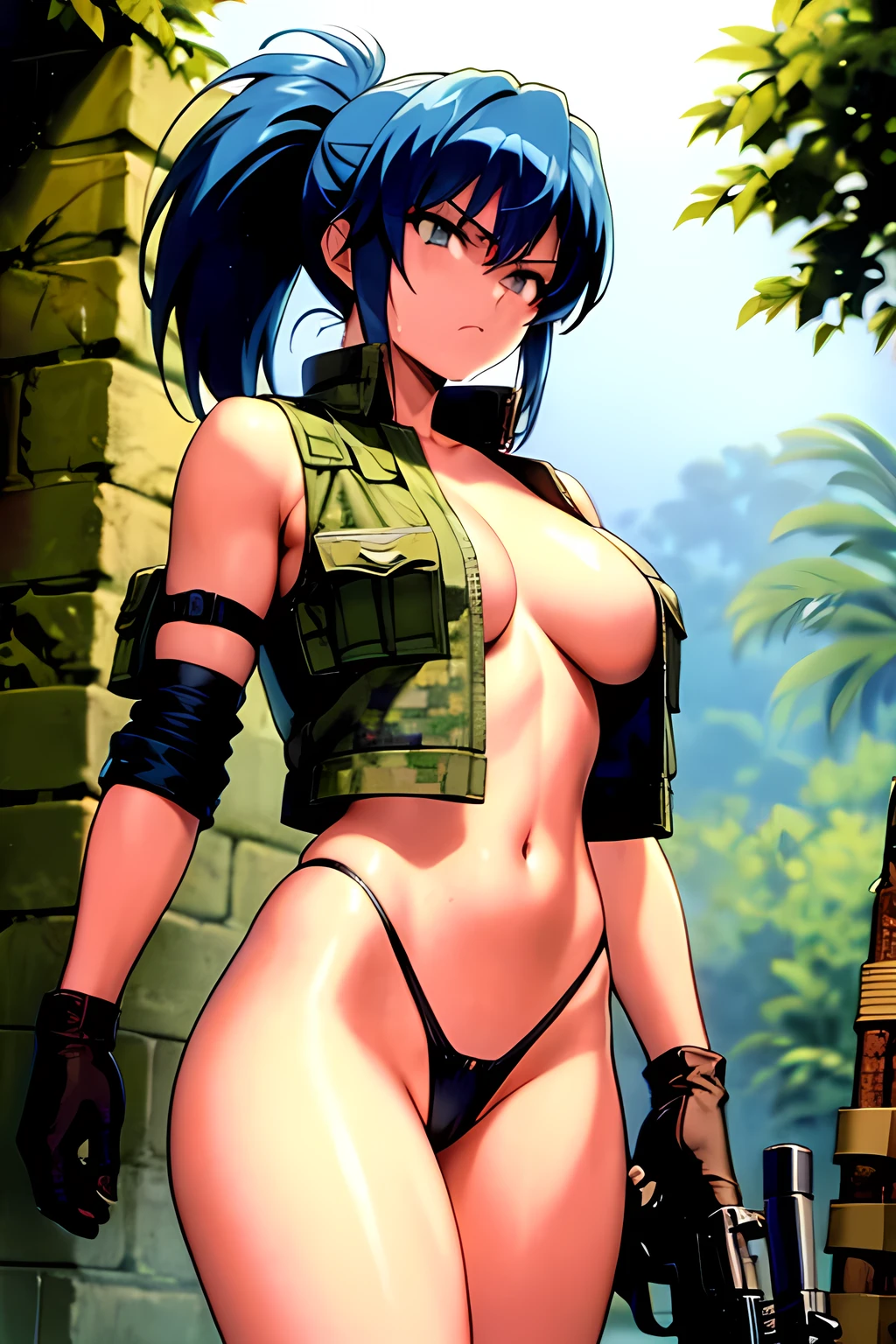 masterpiece, best quality, anime 1990s \(style\, leona heidern, sexy, naked, thong ,open vest., jungle, tactical, pony tail, serious, cammo, army, soldier, blue hair, warfare, war, wet, gloves.