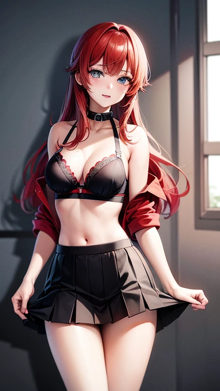 An anime girl with red hair and blue eyes wearing a skirt and an open shirt revealing a black and red bra