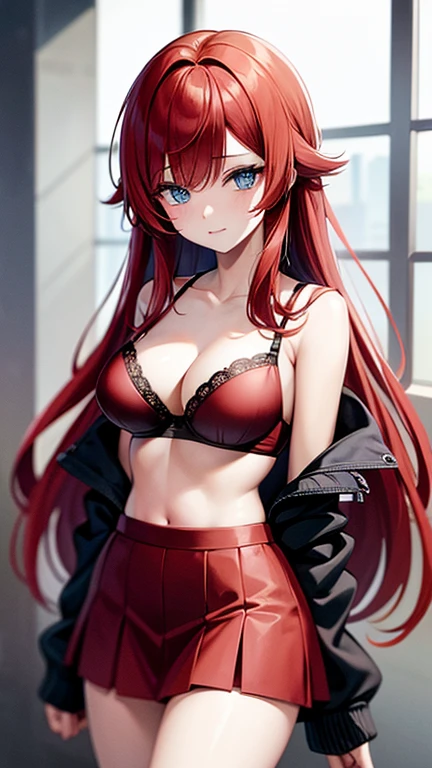 An anime girl with red hair and blue eyes wearing a skirt and an open shirt revealing a black and red bra