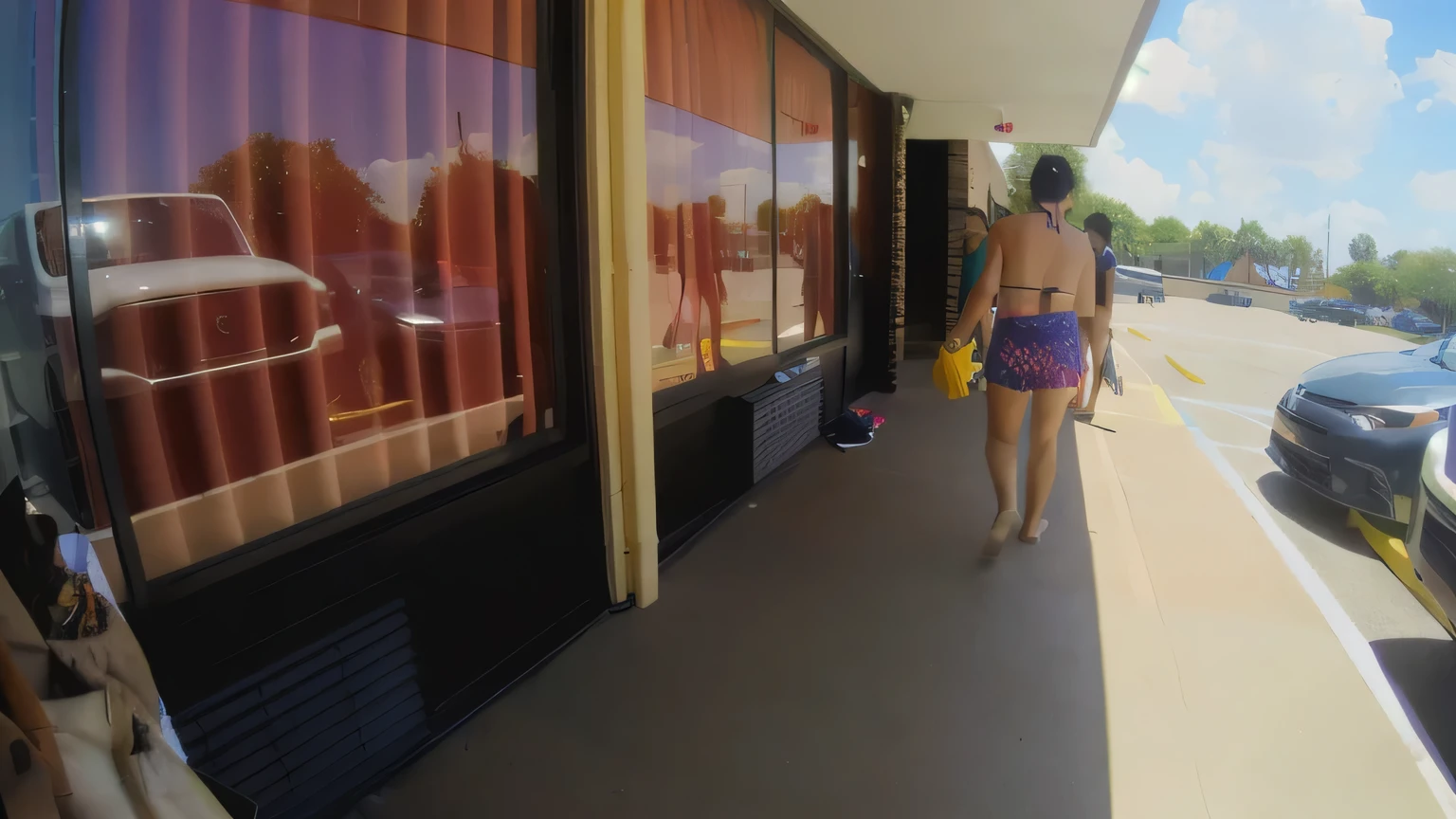 there is a woman walking down the sidewalk in a bikini, exiting store, sexy black woman walks past them, shot on gopro9, go pro footage, gopro footage, walking away from camera, walking away from the camera, swim suite, next to a pool, low quality footage, video still, bad camera footage, 35mm wide angle shot, grainy footage