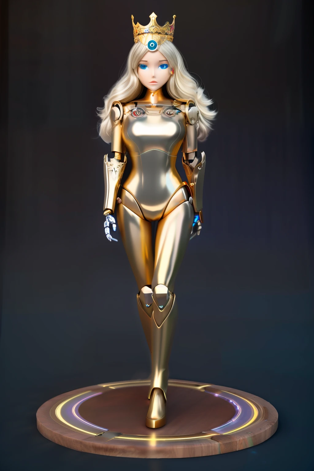 robot goddess, mature woman, metal skin, circuitry texture, crown, holy aura, silver skin, golden hair