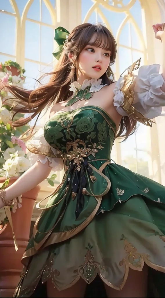a woman in a green and white dress with brown long hair