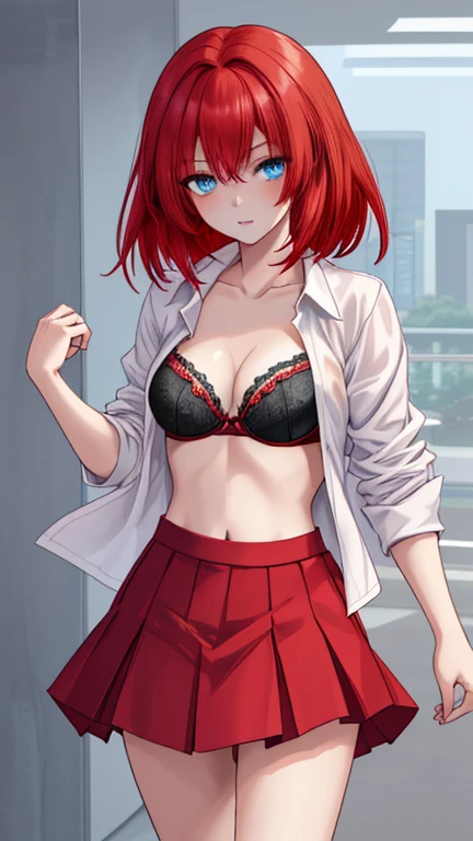 An anime girl with red hair and blue eyes wearing a skirt and an open shirt revealing a black and red bra
