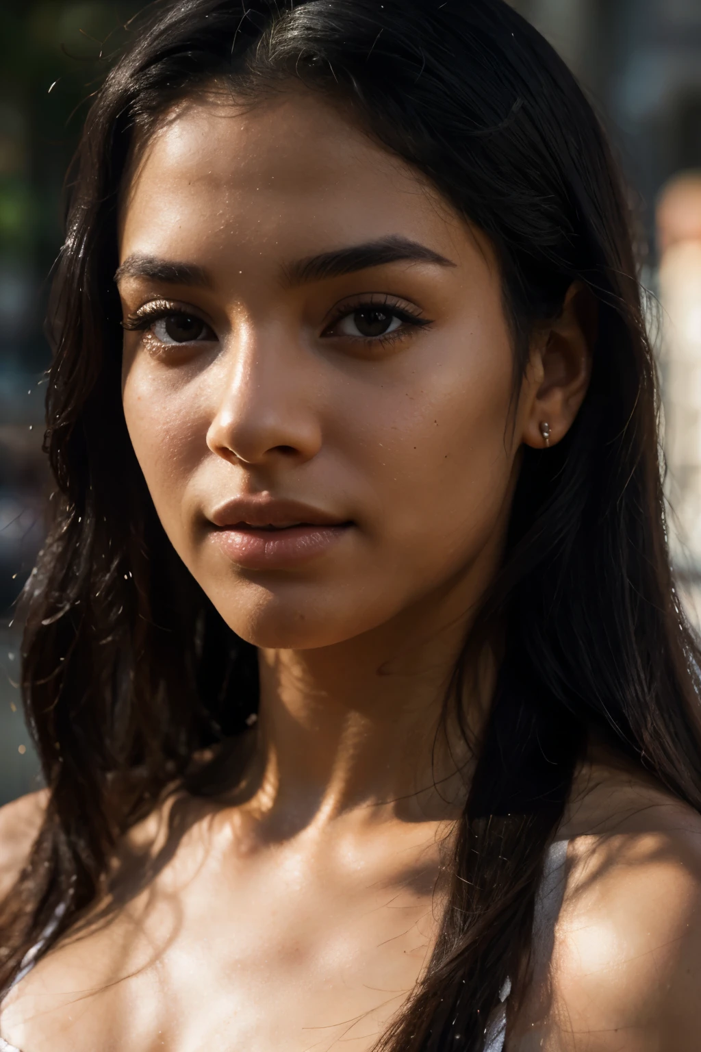 beautiful detailed light skin girl, long straight black hair, South American ethnicity, posing face for photo, close-up, highly detailed face, photorealistic, 8k, masterpiece, cinematic lighting, vibrant colors, dramatic contrast, stunning beauty