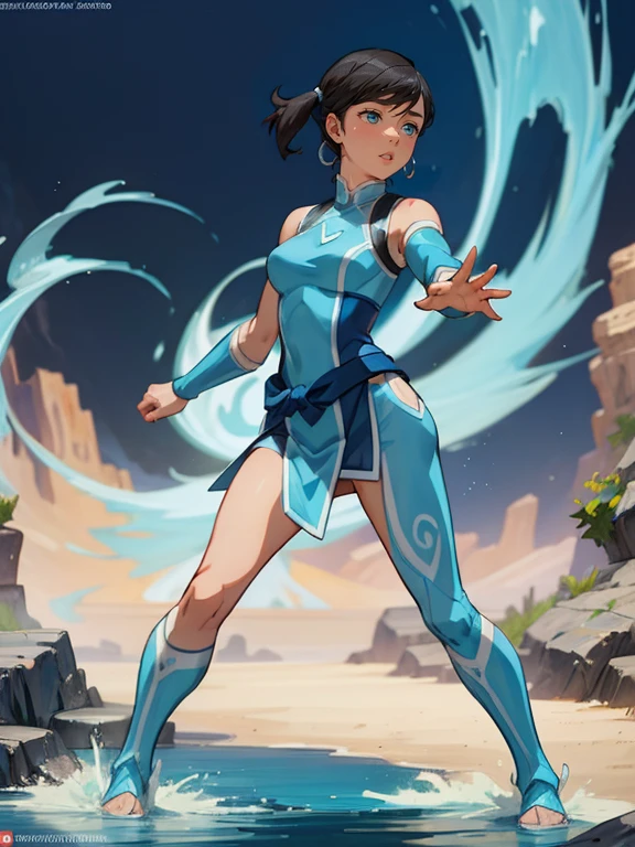 1girl, solo, (masterpiece), best quality, ultra-detailed, Korra from Avatar, Retro style, full body. fashion cloth, fancy. waterbending, happy, sexy smiling