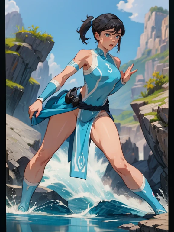 1girl, solo, (masterpiece), best quality, ultra-detailed, Korra from Avatar, Retro style, full body. fashion cloth, fancy. waterbending, happy, sexy smiling