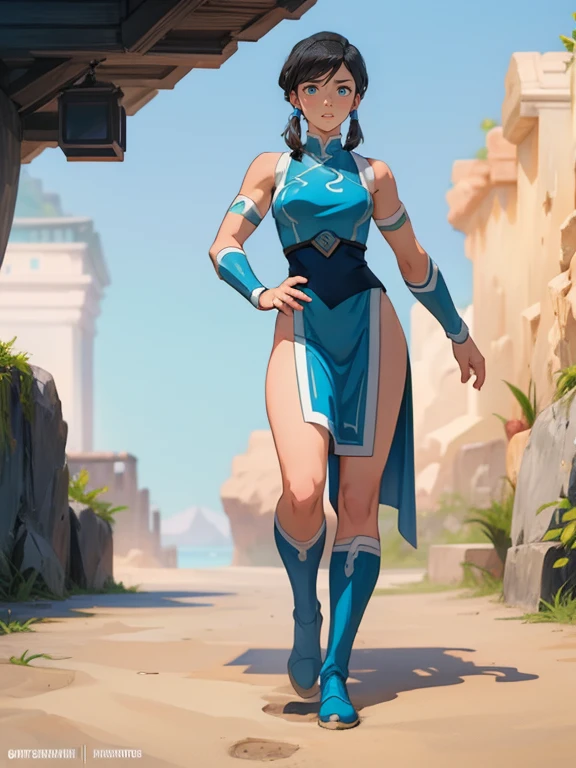 1girl, solo, (masterpiece), best quality, ultra-detailed, Korra from Avatar, Retro style, full body. fashion cloth, fancy. waterbending, happy, sexy smiling