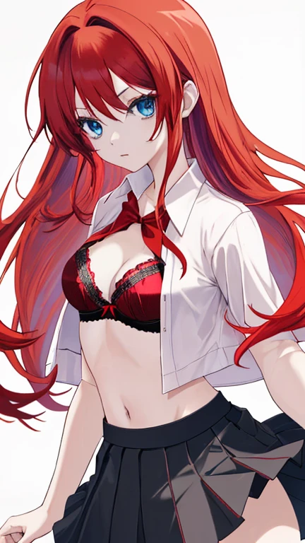 An anime girl with red hair and blue eyes wearing a skirt and an open shirt revealing a black and red bra