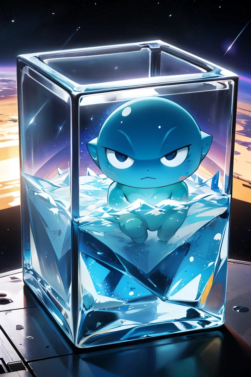 a funny sad alien iced on cube on space, cartoon style