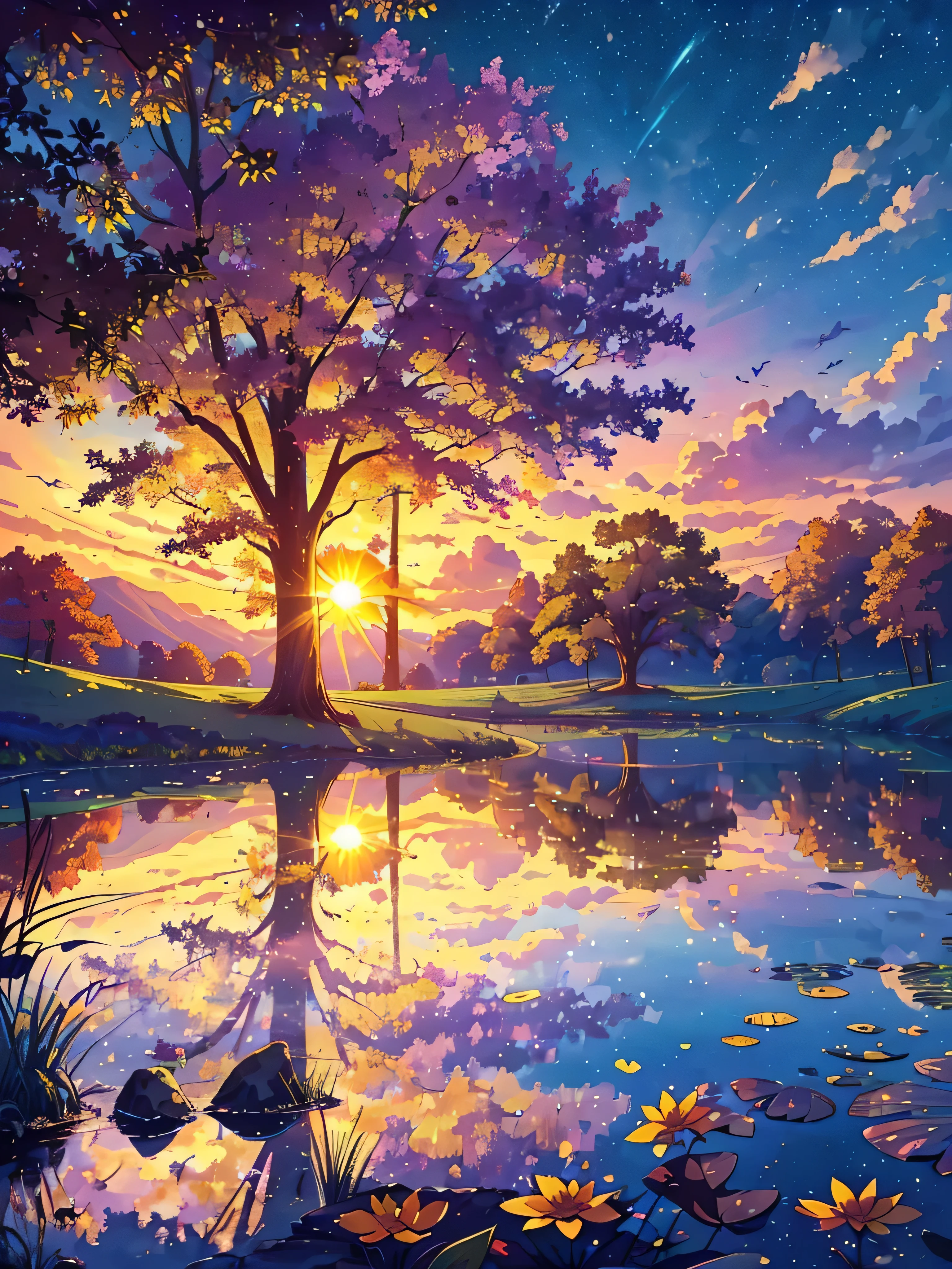 (best quality,4k,8k,highres,masterpiece:1.2),ultra-detailed,(realistic,photorealistic,photo-realistic:1.37),sunset,illustration,oil painting,beautifully detailed scene,vibrant colors,soft lavender sky,orange,red,yellow,lilac,purple,green,blue,scenic garden with flourishing flowers,serene atmosphere,gentle breeze,birds flying freely,majestic trees standing tall,sun slowly setting on the horizon,captivating view of nature,tranquil reflection in a small pond,colorful rays of sunlight shining through the leaves,golden sunlight casting a warm glow,peaceful and serene mood,magical harmony of colors,unforgettable and mesmerizing scenery