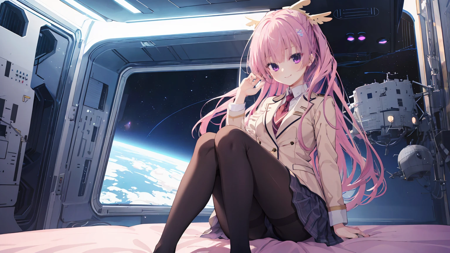 A girl，solo，Pink long hair，happy，Smile，Medium long hair，Dissemination，kikka academy uniform, pantyhose, highres, absurdres,Inside the spacecraft，on the bed，Glass Windows，Space background, Anime style 4k，mitsukasa ayase、Character-centered