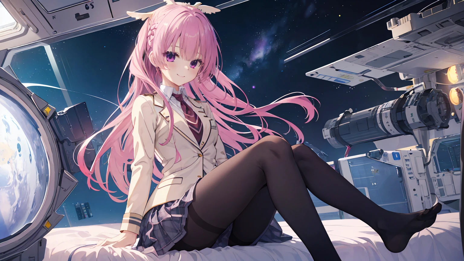 A girl，solo，Pink long hair，happy，Smile，Medium long hair，Dissemination，kikka academy uniform, pantyhose, highres, absurdres,Inside the spacecraft，on the bed，Glass Windows，Space background, Anime style 4k，mitsukasa ayase、Character-centered