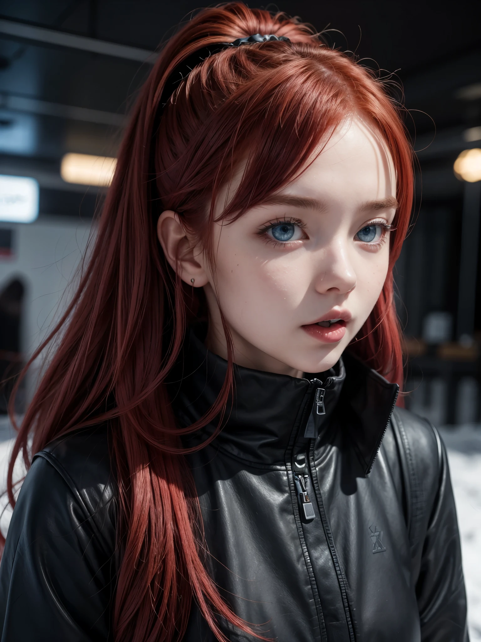 Hot girl, red hair, blue eyes, black winter clothes, showing the tongue