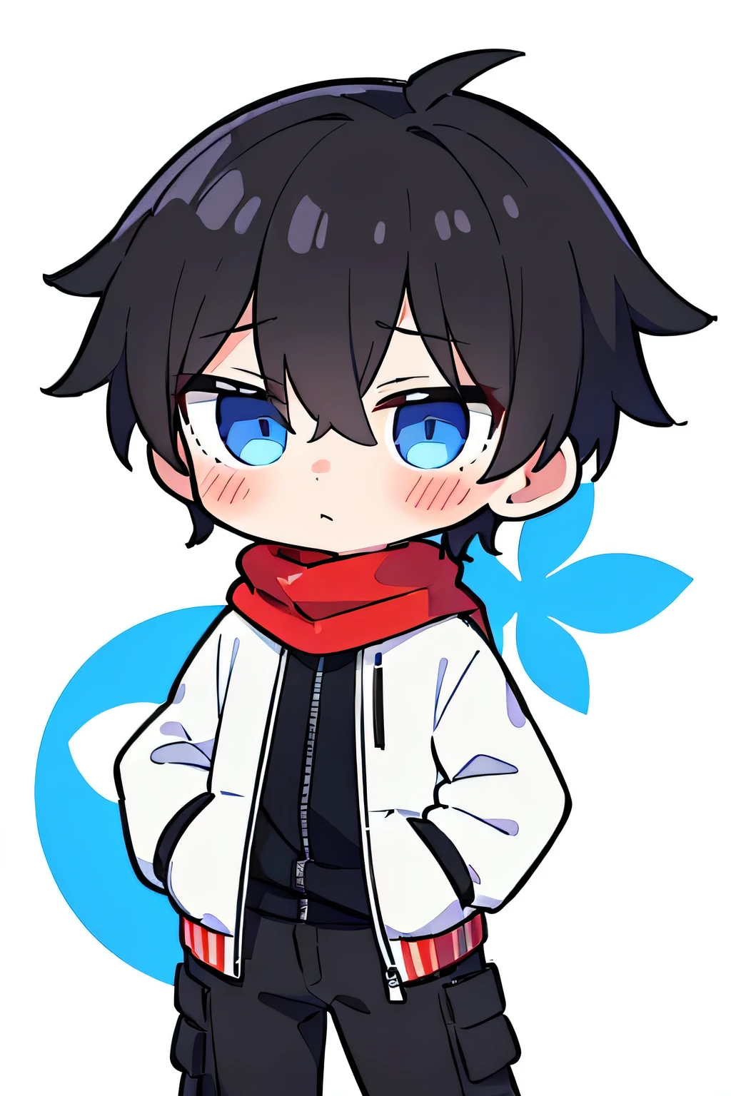(((1boy))), masculine, male, man, short black hair, blue eyes, wearing a white jacket, wearing black cargo pants, wearing a red ribbon as a scarf, bored, (((no blushing))), white background, chibi, absurdres, high res, ultrasharp, 8k, masterpiece