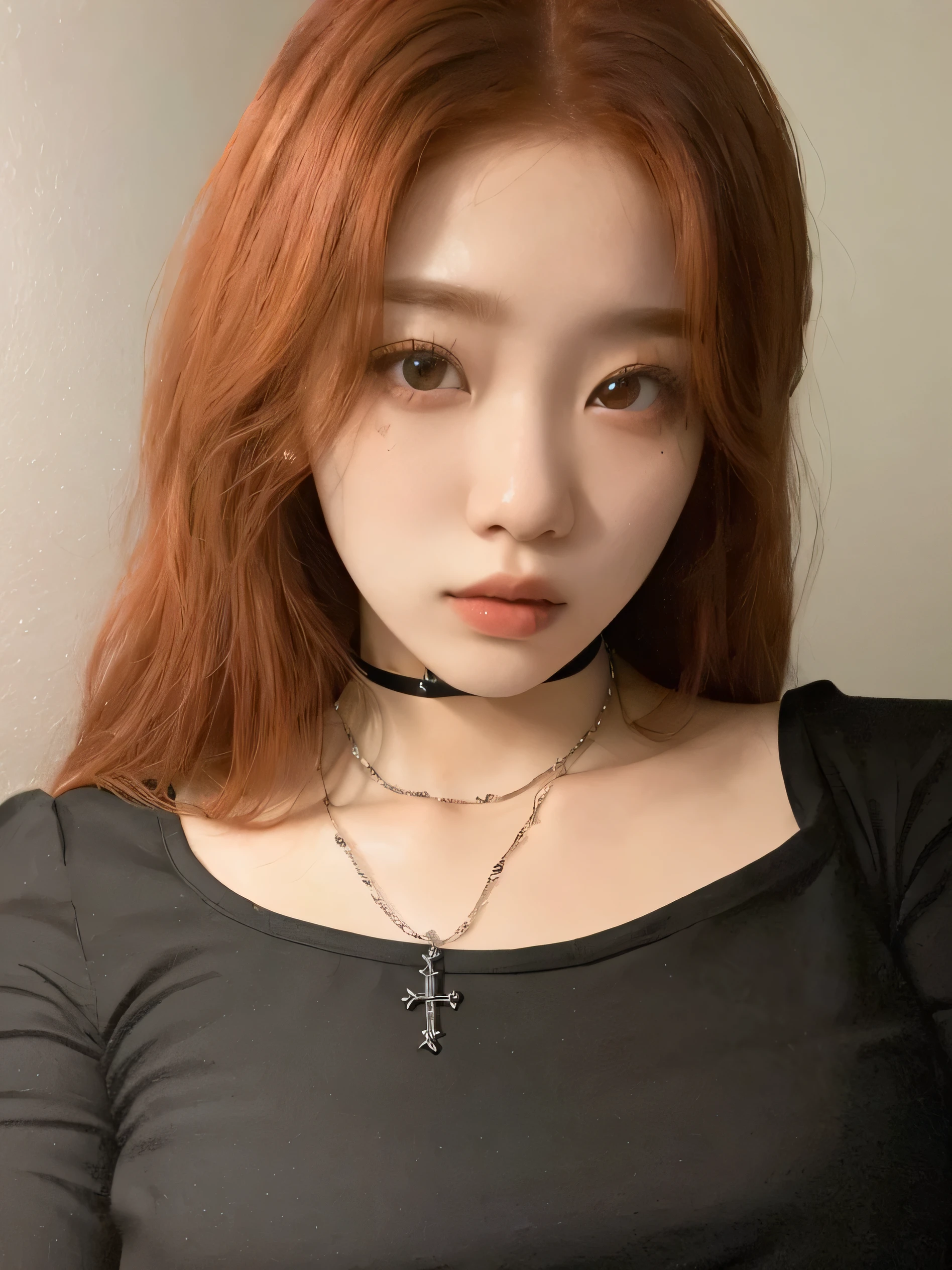 arafed woman with red hair wearing a black top and a collar, cruel korean gothic girl, TSUKI billlie, Yang wonyoung Ive, ulzzang, usando gargantilla, cuentas cruzadas sobre el pecho desnudo, collar.