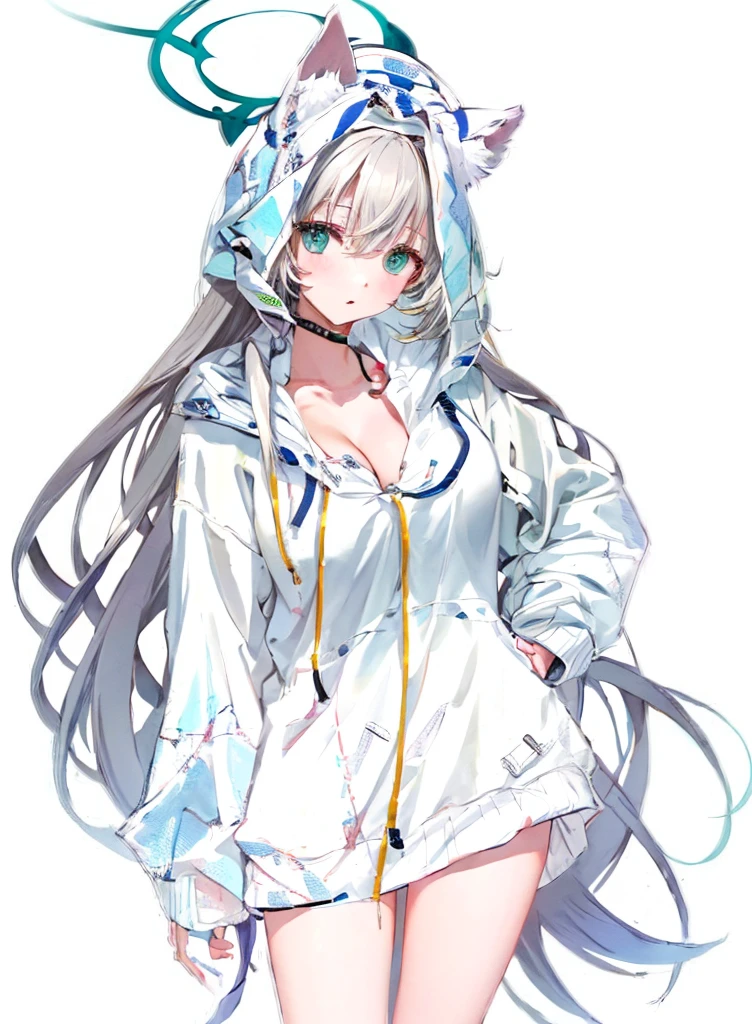 1girl, solo, solo focus, cowboy shot, portrait, oversized hoodie, aqua green and white hoodie, half aqua, half green, ((brown hair)), (yellow hair), (gradient hair :1.5), curly hair, ((pink eyes)), hyperdetailed eyes, tan, (caramel dark skin:1.1), best quality, ultra-detailed, white background, simple background