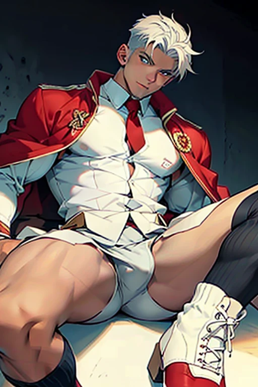 Highest image quality,male people,,1 boy,Young and handsome,shoun,White color hair,Short flat top hair,Dark skin,anime big breast,anime wallpaper,Solo,malefocus,Briefs,Dilation of the pectoral muscles,Red cape,Bulging crotch,Urban background,spread their legs,Sexy,(Masterpiece, Best quality),Long white socks,Red Martin boots,