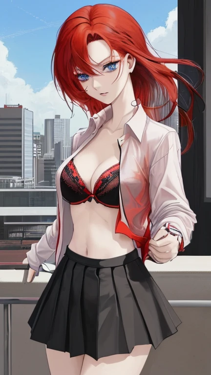 An anime girl with red hair and blue eyes wearing a skirt and an open shirt revealing a black and red bra