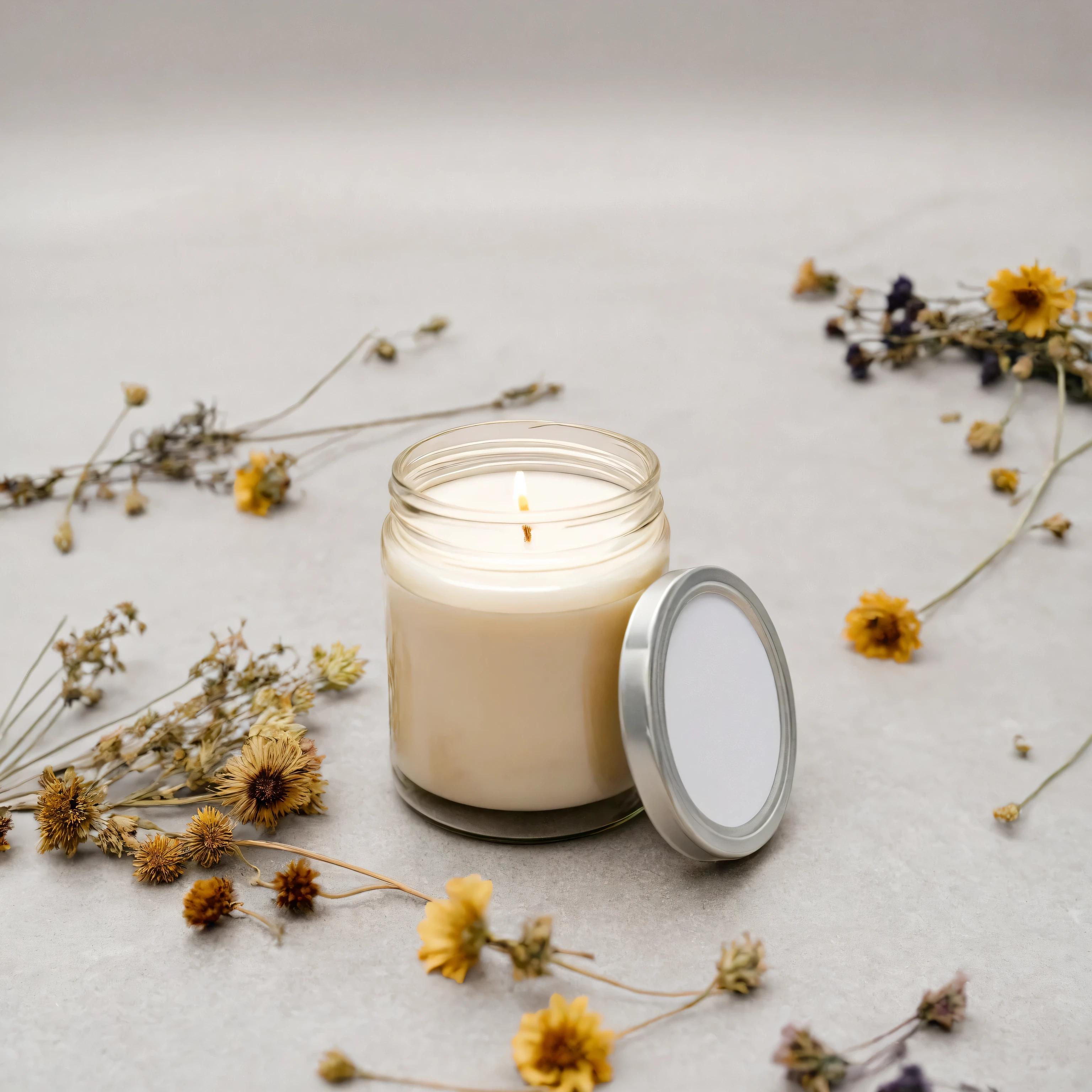 Mockup empty, a blank beige candle in a jar with white label and black lid standing on a white plain surface, surrounded with abstract dried flowers composition, professional mockup photography, plenty dried flowers in background lots of dried flowers, dried flowers composition around, multiple dried flowers, a lot of dried flowers