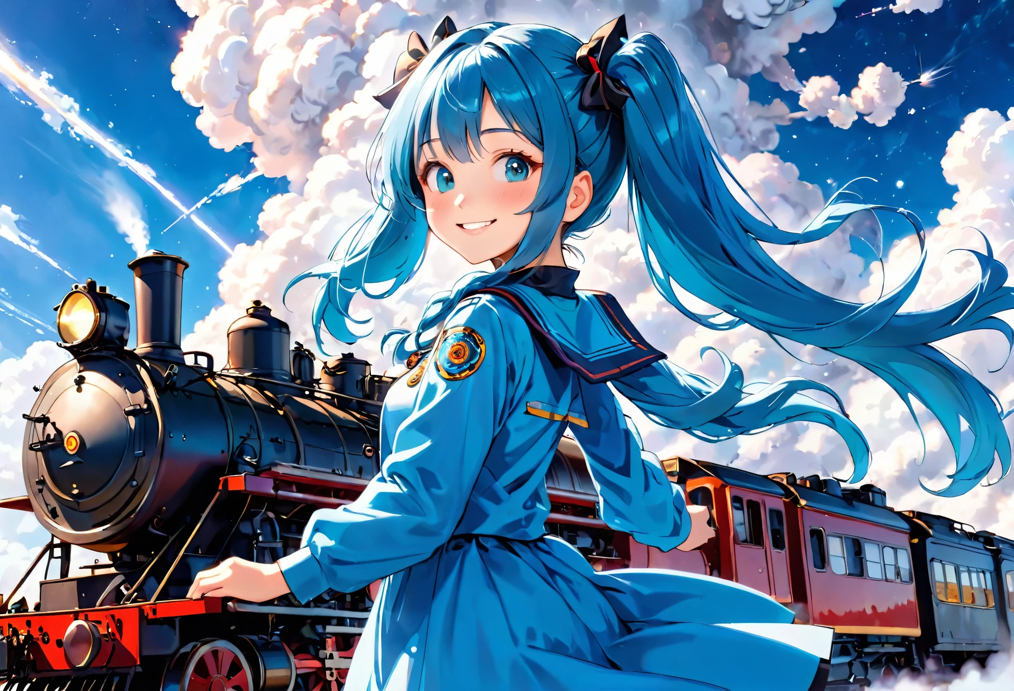 A beautiful girl is watching a steam locomotive racing through the sky into space　A steam locomotive flying in the sky　Light blue long hair　Beautiful girl with twin tails　Bright smile　Large in the center　