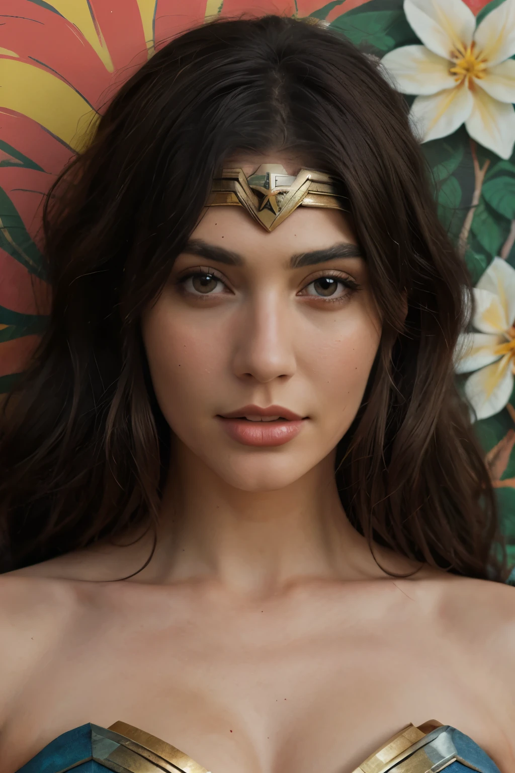boho style wall art, close up of wonder woman's face, surrounded by colorful flowers, hippie aesthetic, digital illustration