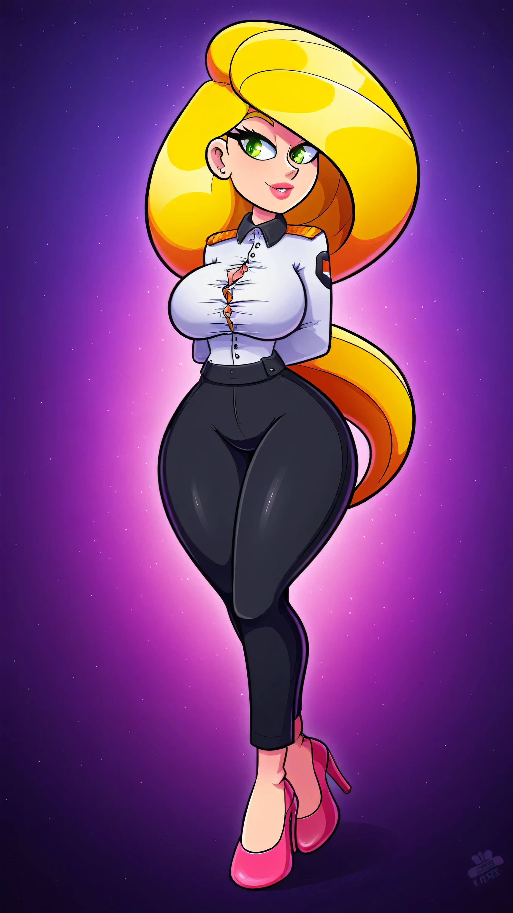A beautiful girl beautiful sexy sexy big breast long bright yellow hair her green eye wears white button down security uniform and tight black pants big thigh sexy pink heels