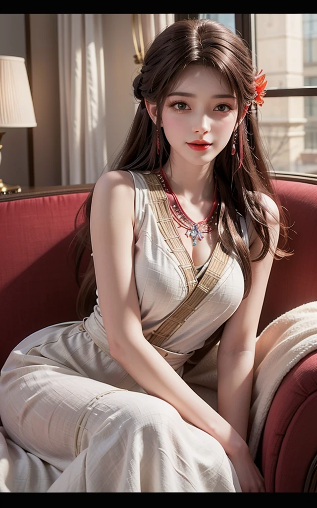 (girl,day view),(illustration close shot),(pretty,long hair),(best quality,Super fine details),(romantic,colorful),(soft light,soft shine),open the shoulders,Symmetrical charming eyes, smile,embroidery,high-heels, Sofa, Delicate face, Clear face, sleeping dress