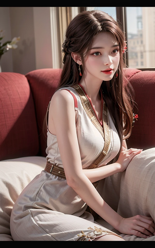 (girl,day view),(illustration close shot),(pretty,long hair),(best quality,Super fine details),(romantic,colorful),(soft light,soft shine),open the shoulders,Symmetrical charming eyes, smile,embroidery,high-heels, Sofa, Delicate face, Clear face, sleeping dress