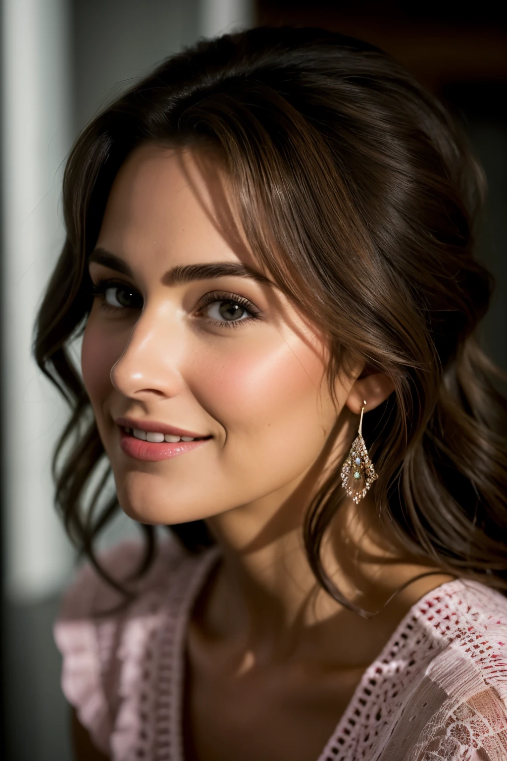 Captured instantly in a Hollywood movie, a beautiful 30 year old woman with brown hair and brown eyes, tienen una sonrisa radiante y alegre, closed expression, labios finos llenos de detalles, labios rosados, profundos detalles, con poca profundidad de campo, highly detailed photography, presupuesto alto, a cinematic gem, magistral, premio ganado, profesional, exceptional photography, textura de la piel detallada (0.5 en sentimientos de