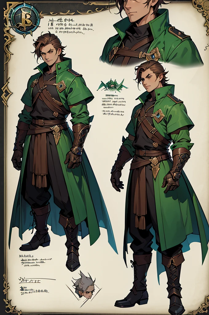 Close-up of a man in a fantasy dnd costume, ((character concept art)), ((Character design sheet, same character, on front, from on the side, At the back)) Character image, Video game character design, Video game character design, Men's hair is brown and pushed back , Age: youth, eyecolor: red ,He wears green gloves on his hands, Wears special boots , wears a black jacket and white T-shirt , ((character design sheet, same character, front, side, back))