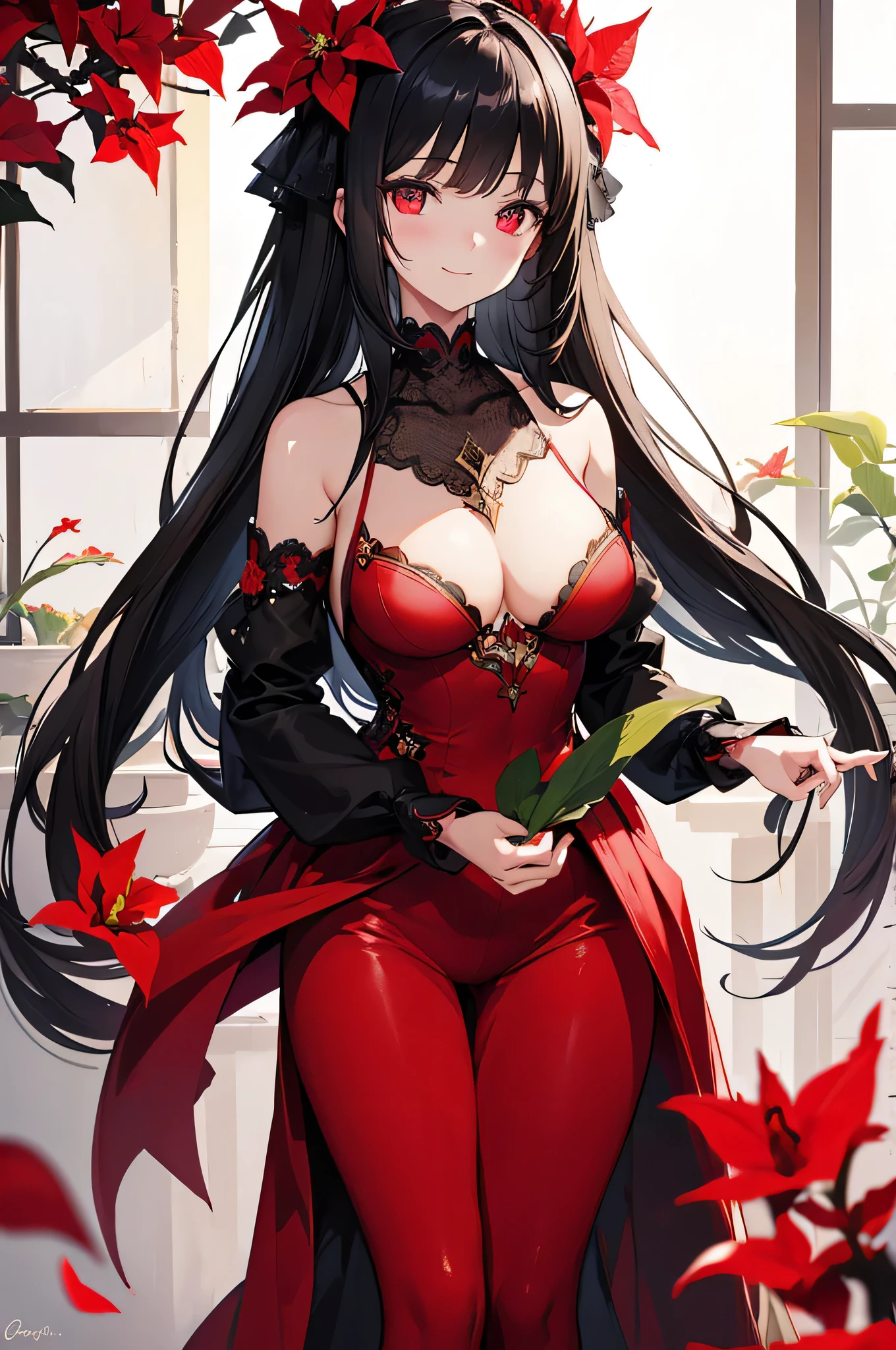 Poinsettia themed artwork, ((highest quality)), High resolution, 8k, Cinematic Light, High Contrast, Written boundary depth、smile、sharp、beautiful, Strong brilliance, Detailed Background, One Girl, cute, fine grain, Shining Eyes, Detailed Iris、