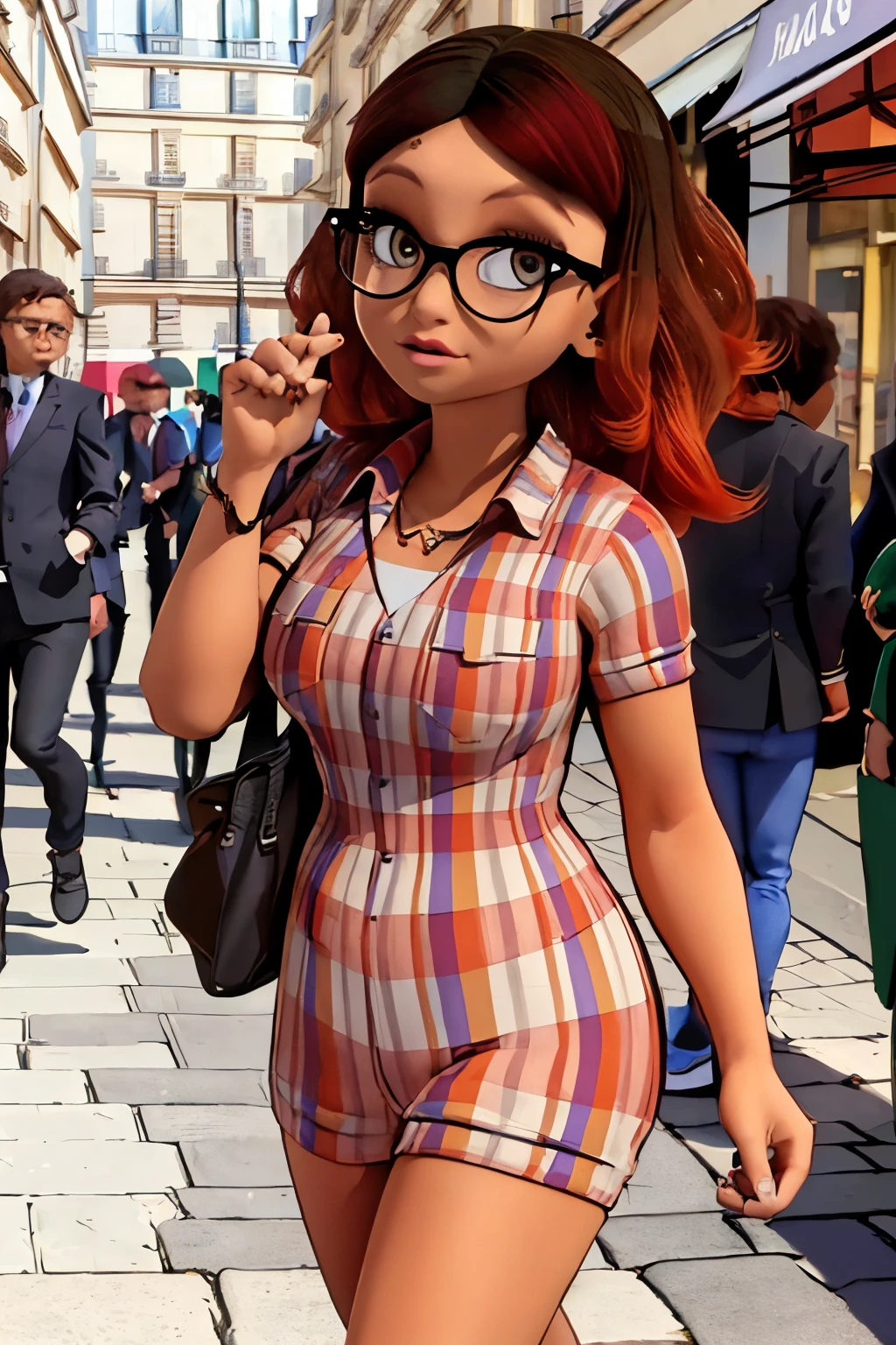 (8K, raw photo, best quality, masterpiece: 1.2), (intricate details), the setting = ((walking through the streets of Paris talking on a call)), perfect eyes, perfect face, with a confident expectation same, perfect lighting, Beautiful, (masterpiece:1.2), (best quality:1.2), 1 girl, alone, alya, glasses, Brown eyes, mole,