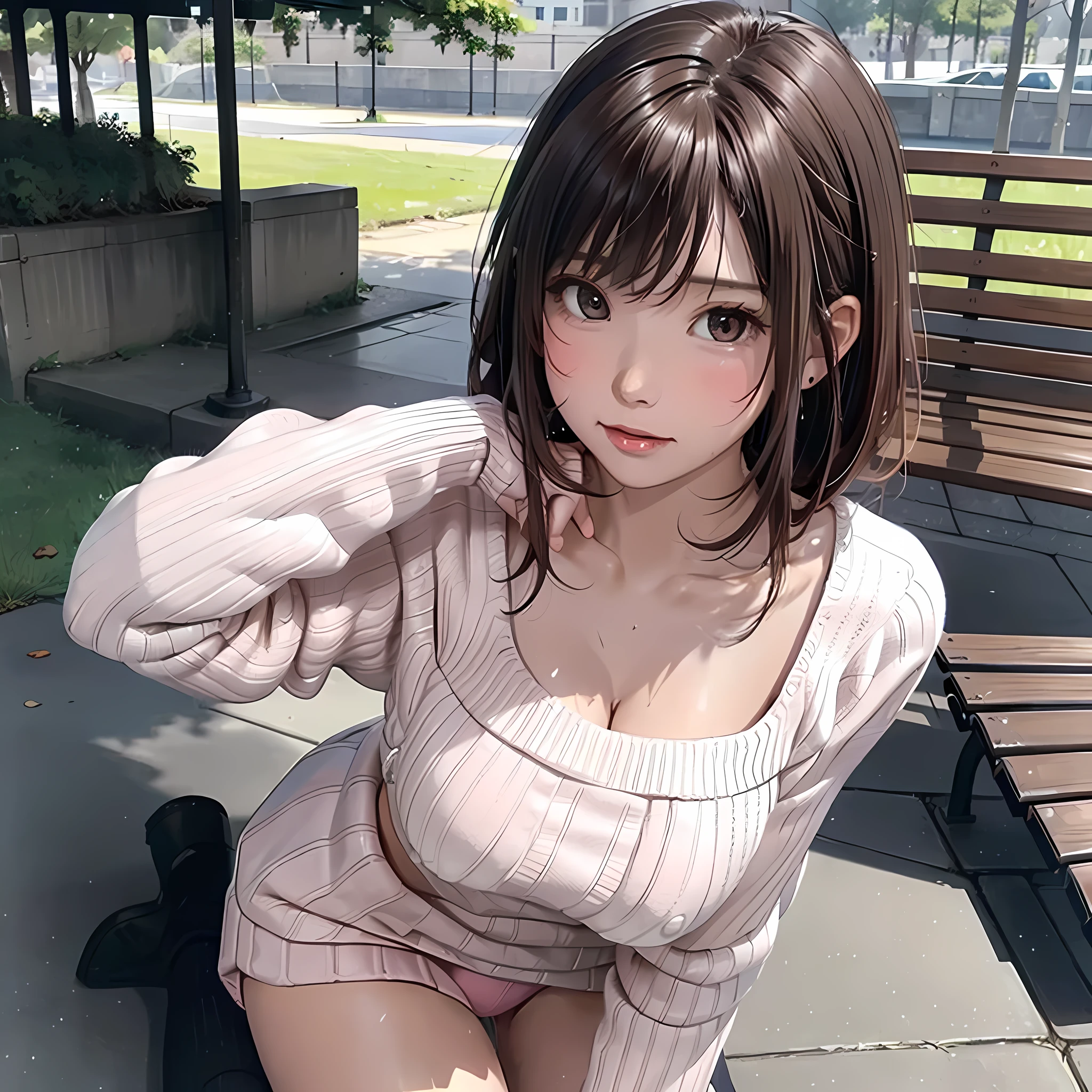 (masterpiece), (highest quality), (Super detailed), One girl, Sexy pose, blush, ((Lift-up casual sweater:1.2)), Happy, View Viewer, Big Hair, Brown Hair, wood々In a park with,bench, shy ,Sit on the ground, ((alone)) ,anxiety, blush, mischief,From below,The body is slim,(Shiny skin, Wet Skin:0.8), sweating, Rainy,~ side, from the front, From above,Long wet ears, ((Pink innerwear))