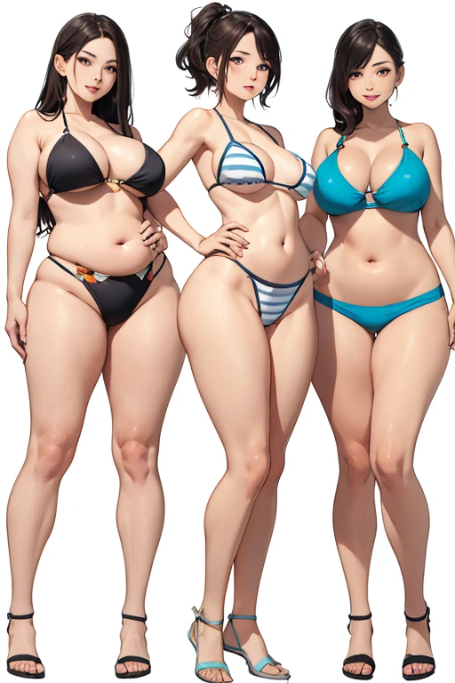 Women's body、Full body, stomach and legs visible, protruding belly, thick legs, chubby upper arms, no muscle, bikini, belly fat, no waistline
