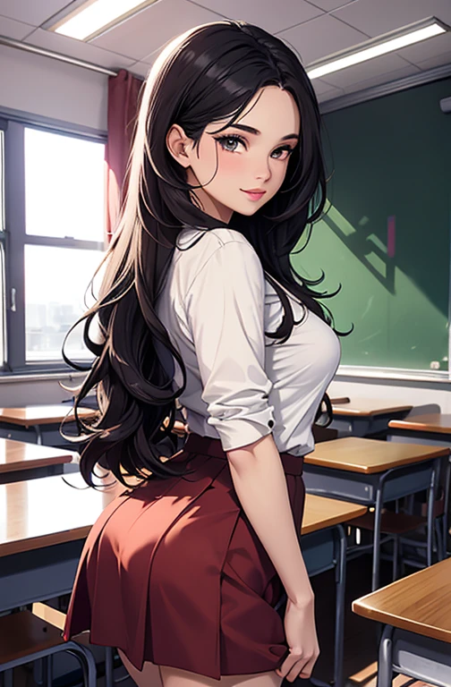 masterpiece, best quality, best lighting, shadows, perfect anatomy, 1 girl, 21 years old, mature features, pretty face, pretty lips, pretty eyes, black wavy hair, black eyes, seductive eyes, blushing, flirty, pretty smile, tiny red skirt, white tight shirt, classroom background, ass, breast, thighs, nsfw,
