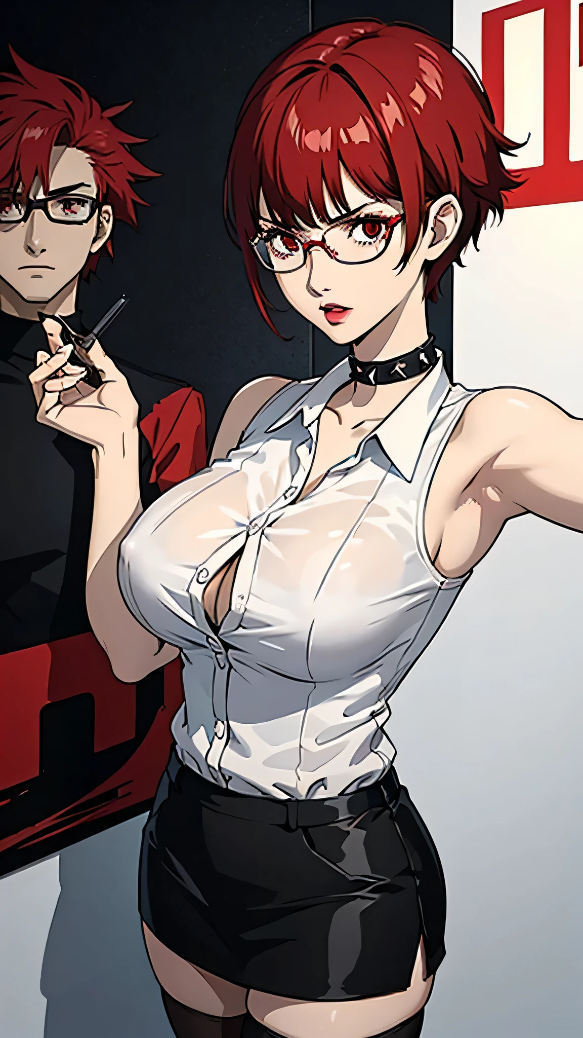 1girl, serious face, red hair, lipstick, Black choker, I would see Short hair, spiked hair, spiked hair, tomboy Pixie haircut, Black eyebrows, armpits, Office shirt, office skirt, stockings, huge breast, glasses, red eyes, white background
