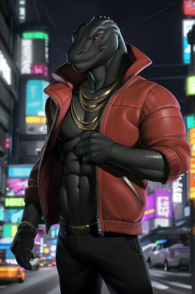 (by tojo the thief, by darkgem, by narse), thunder (fortnite), male, solo, black body, scales, komodo dragon, lizard, (tail), topwear, monitor lizard, anthro, red jacket, gold chain, tokyo, street, neon lights