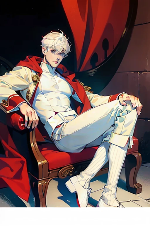 Highest image quality,male people,,1 boy,Young and handsome,shoun,White color hair,Short flat top hair,Dark skin,anime big breast,anime wallpaper,Solo,malefocus,Briefs,Dilation of the pectoral muscles,Red cape,Bulging crotch,Urban background,spread their legs,Sexy,(Masterpiece, Best quality),Long white socks,Red Martin boots,