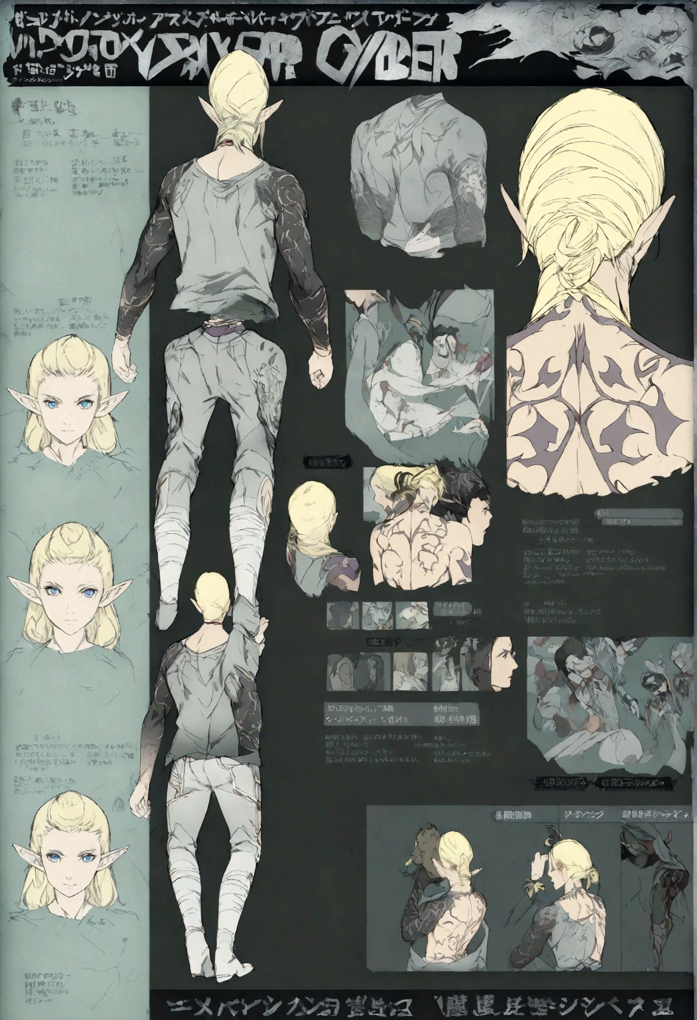 Close-up of an elf in a fantasy costume, with blue and white tones, ((character concept art)), ((Character design sheet, same character, on front, from on the side, At the back)) Character image, Video game character design, Video game character design, Men's hair is blonde and pushed back, hair is long but tied back, Age: youth, eyecolor: purple ,He has tattos on his arms wears a grey cyber jacket and white T-shirt , ((character design sheet, same character, front, side, back))